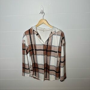 Plaid Hooded Women's Top - Brown and White